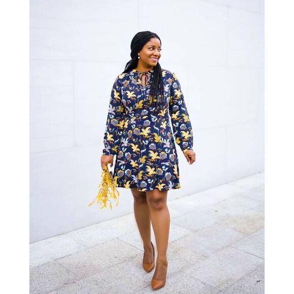 Loft Plus Size 14 Long Sleeve Peasant Shift Dress Navy Blue Floral Leaf Print - Picture 2 of 16